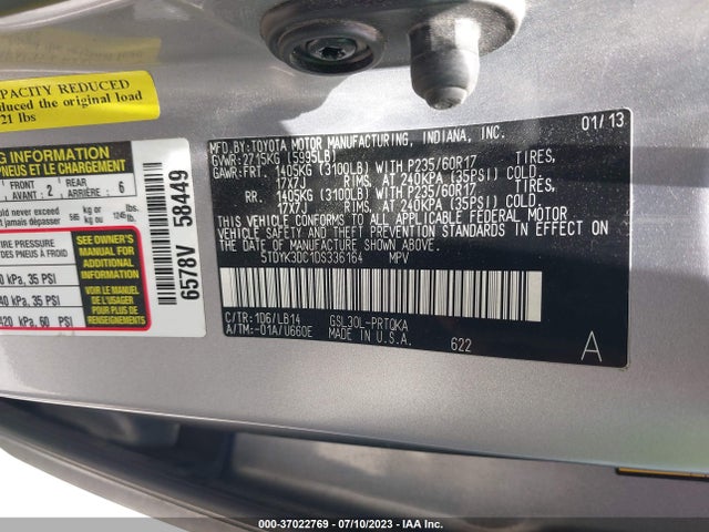2013 TOYOTA SIENNA XLE AAS/XLE/LTD VIN: 5TDYK3DC1DS336164