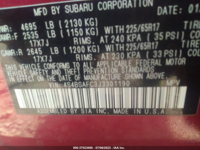 4S4BSAFC3J3301190 Subaru Outback Premium