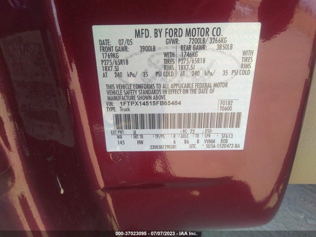 2005 FORD F-150 XLT/FX4/LARIAT/XL VIN: 1FTPX14515FB65484