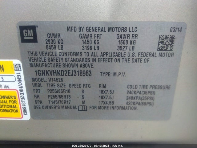 Chevrolet Traverse Lt 2014 1GNKVHKD2EJ318963 Image 9