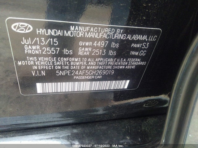 2016 HYUNDAI SONATA 2.4L SE VIN: 5NPE24AF5GH269019