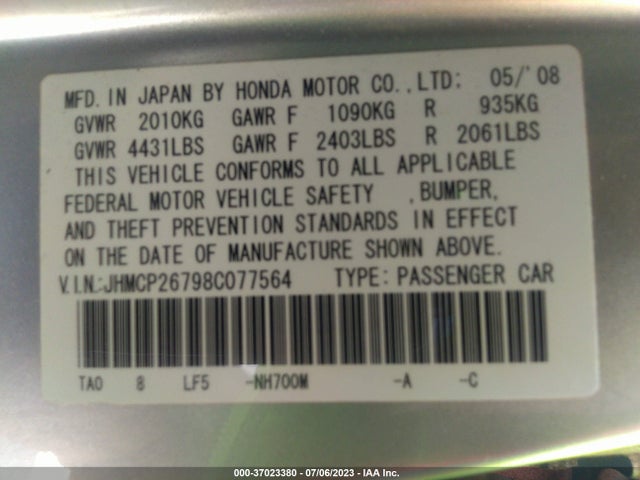 2008 HONDA ACCORD SDN EX VIN: JHMCP26798C077564