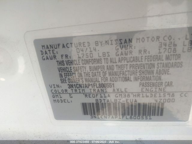3N1CN7AP1FL800551 Nissan VERSA SV