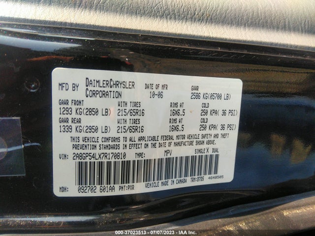 2007 CHRYSLER TOWN & COUNTRY LWB TOURING VIN: 2A8GP54LX7R170810