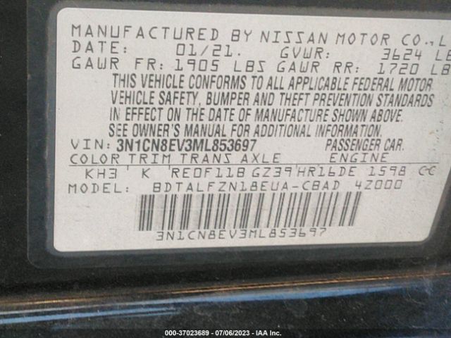 3N1CN8EV3ML853697 Nissan VERSA SV