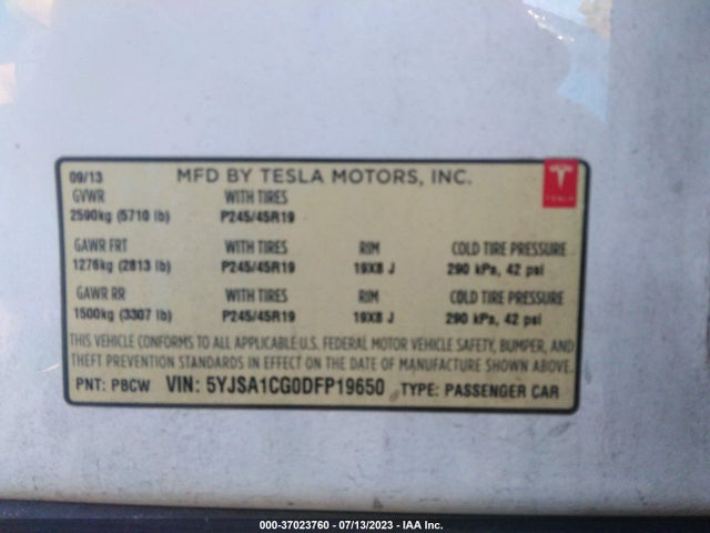 2013 TESLA MODEL S VIN: 5YJSA1CG0DFP19650