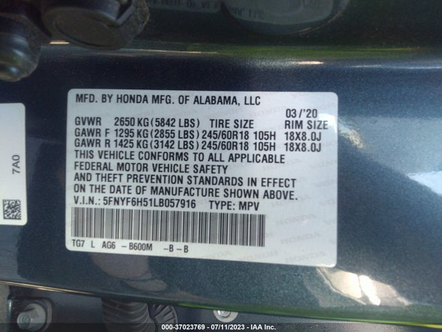 Honda Pilot Ex-l 2020 5FNYF6H51LB057916 Image 9