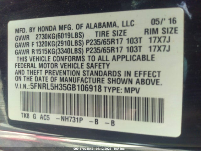 Honda ODYSSEY SE 2016 5FNRL5H35GB106918 Image 9