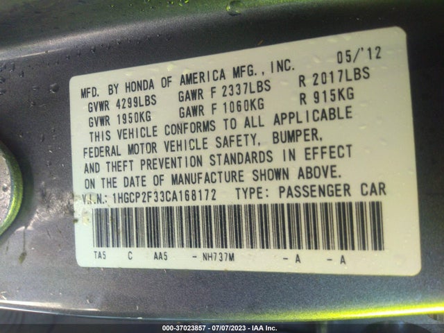 2012 HONDA ACCORD SDN LX VIN: 1HGCP2F33CA168172