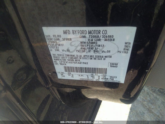2005 FORD F-150 XLT/FX4/LARIAT/XL VIN: 1FTPX14575FA81962