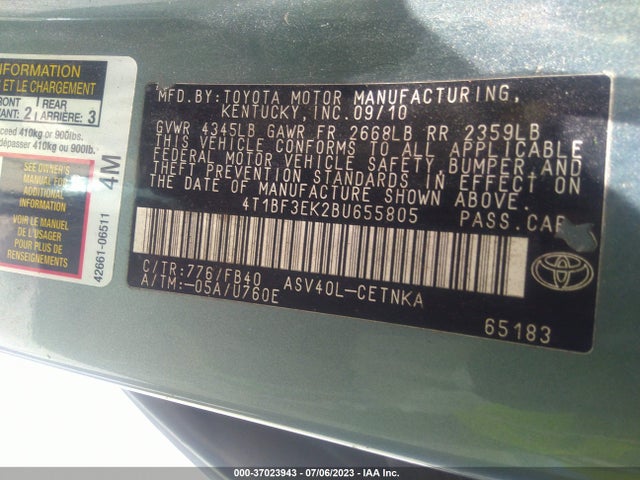 2011 TOYOTA CAMRY VIN: 4T1BF3EK2BU655805