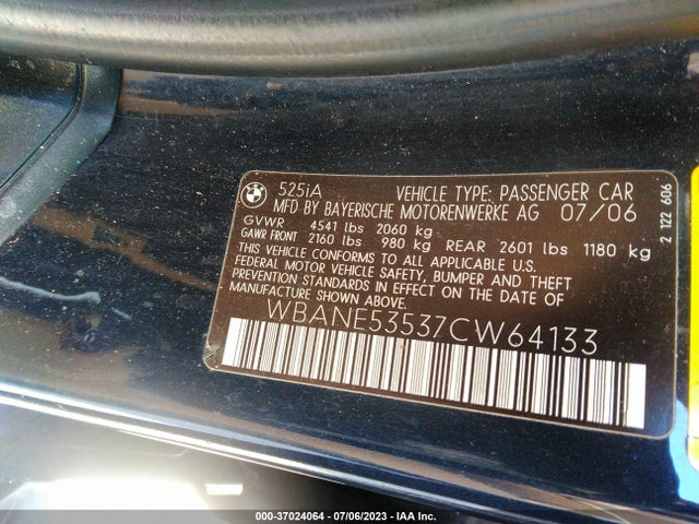 2007 BMW 5 SERIES 525I VIN: WBANE53537CW64133