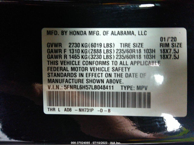 Honda ODYSSEY EX 2020 5FNRL6H57LB048411 Image 9