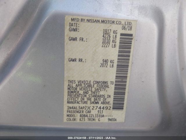 1N4AL3AP2JC274492 Nissan Altima 2.5 Sv