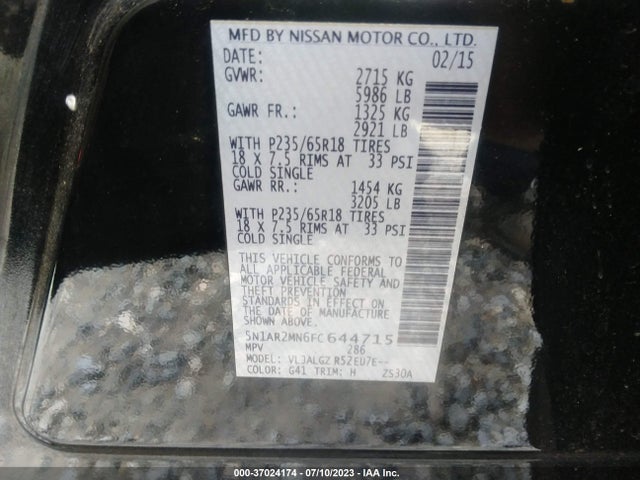 2015 NISSAN PATHFINDER SL VIN: 5N1AR2MN6FC644715