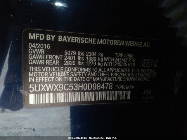 BMW X3 Xdrive28i 2017 5UXWX9C53H0D98478 Image 9