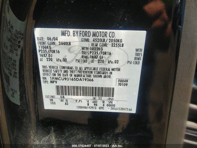 2005 FORD ESCAPE XLT VIN: 1FMCU93165DA19366