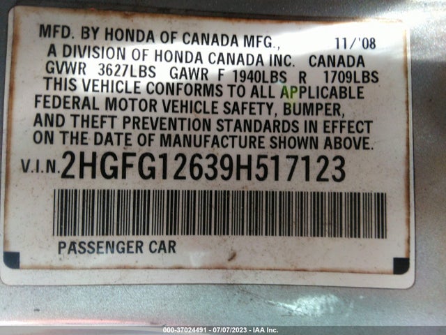 2009 HONDA CIVIC CPE LX VIN: 2HGFG12639H517123