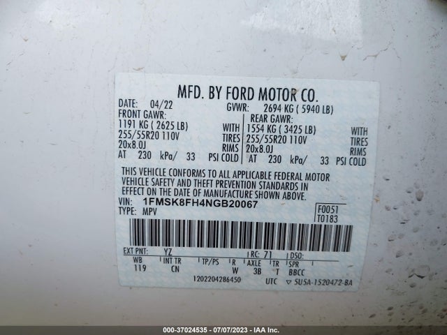 1FMSK8FH4NGB20067 Ford Explorer Limited