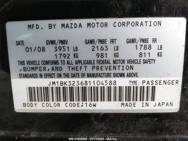 2008 MAZDA MAZDA3 S SPORT VIN: JM1BK323681104588