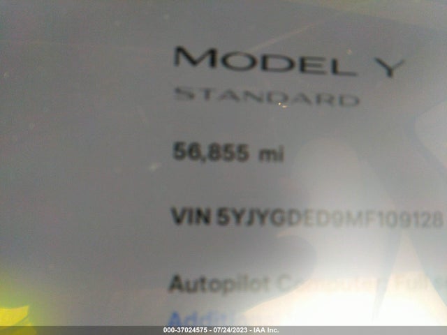 2021 TESLA MODEL Y STANDARD RANGE VIN: 5YJYGDED9MF109128