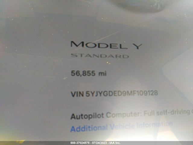 2021 TESLA MODEL Y STANDARD RANGE VIN: 5YJYGDED9MF109128