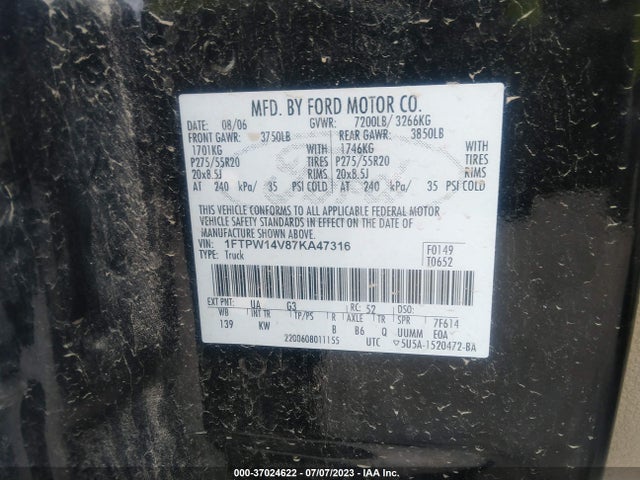 2007 FORD F-150 XLT/FX4/LARIAT/KING RANCH VIN: 1FTPW14V87KA47316
