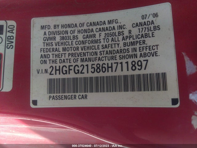 2006 HONDA CIVIC SI VIN: 2HGFG21586H711897