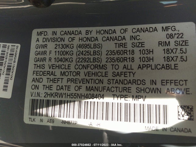 Honda CR-V EX 2022 2HKRW1H55NH408404 Image 16