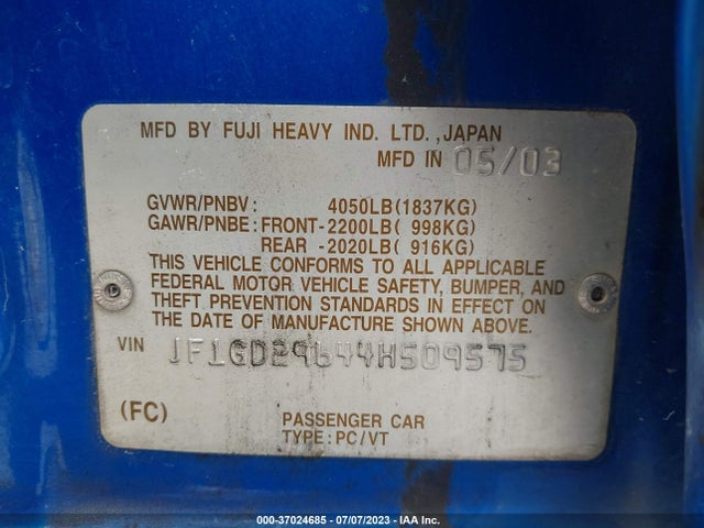 2004 SUBARU IMPREZA SEDAN WRX VIN: JF1GD29644H509575