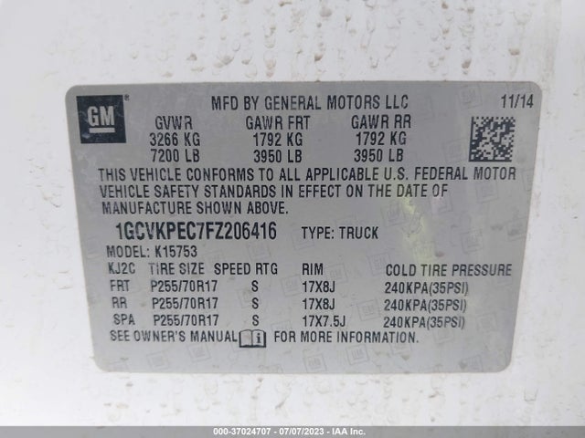 2015 CHEVROLET SILVERADO 1500 WORK TRUCK VIN: 1GCVKPEC7FZ206416