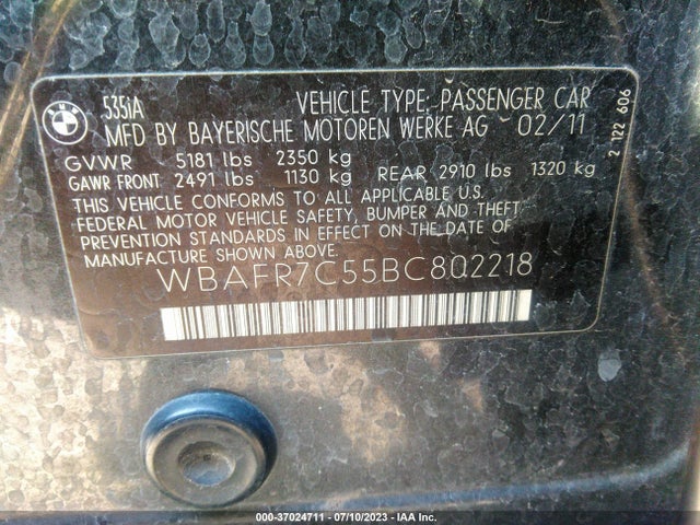 2011 BMW 5 SERIES 535I VIN: WBAFR7C55BC802218