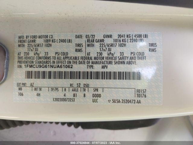 1FMCU9G61NUA61062 Ford ESCAPE SE