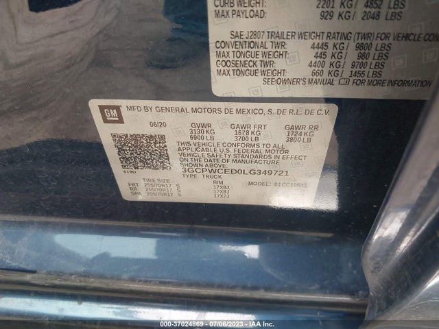 2020 CHEVROLET SILVERADO 1500 LT VIN: 3GCPWCED0LG349721