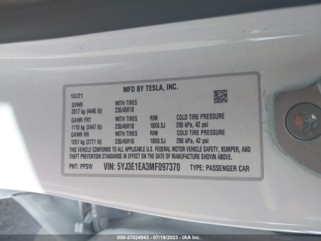 5YJ3E1EA3MF097370 Tesla Model 3 Standard Range Plus