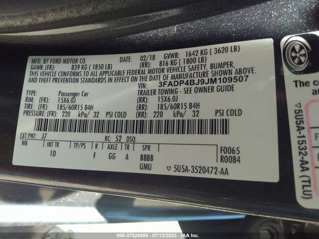 2018 FORD FIESTA SE VIN: 3FADP4BJ9JM109507