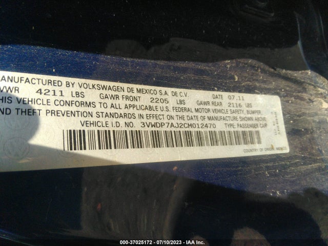 2012 VOLKSWAGEN JETTA SEDAN SE W/CONVENIENCE PZEV VIN: 3VWDP7AJ2CM012470
