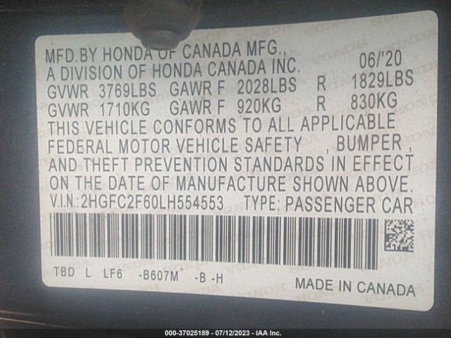 2HGFC2F60LH554553 Honda Civic Sedan Lx