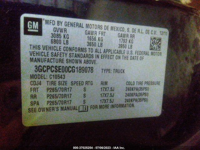 2012 CHEVROLET SILVERADO 1500 LT VIN: 3GCPCSE00CG189078