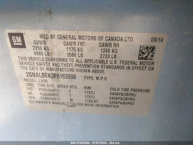 Chevrolet EQUINOX LT 2015 2GNALBEK9F6163898 Image 9