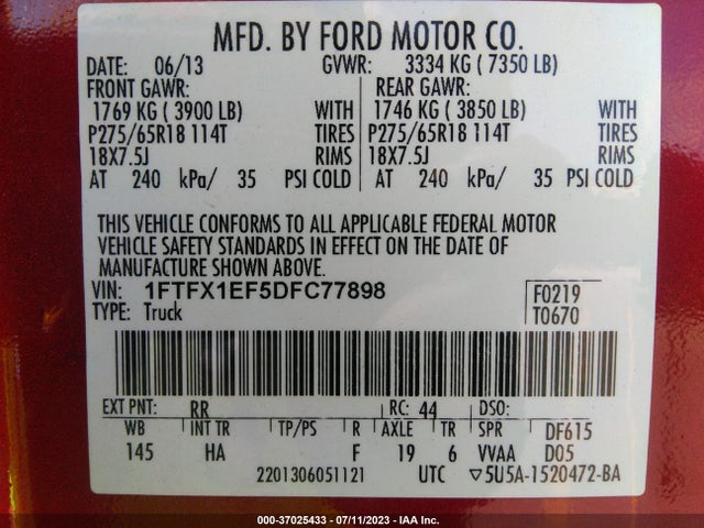2013 FORD F-150 XL/STX/XLT/FX4/LARIAT VIN: 1FTFX1EF5DFC77898