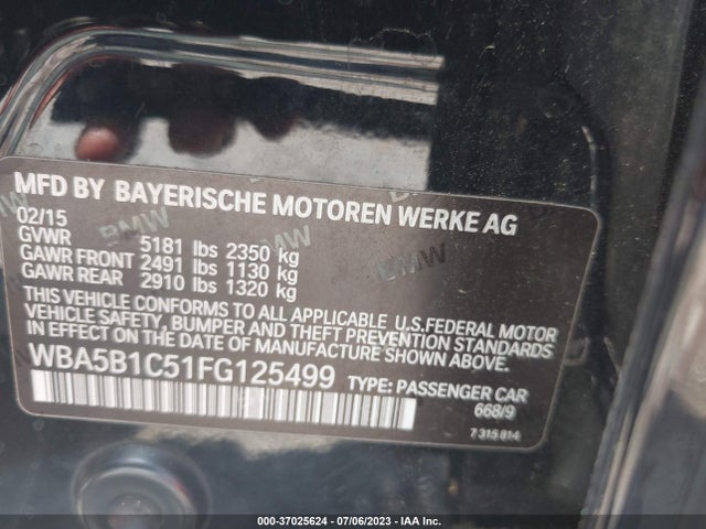 2015 BMW 5 SERIES 535I VIN: WBA5B1C51FG125499