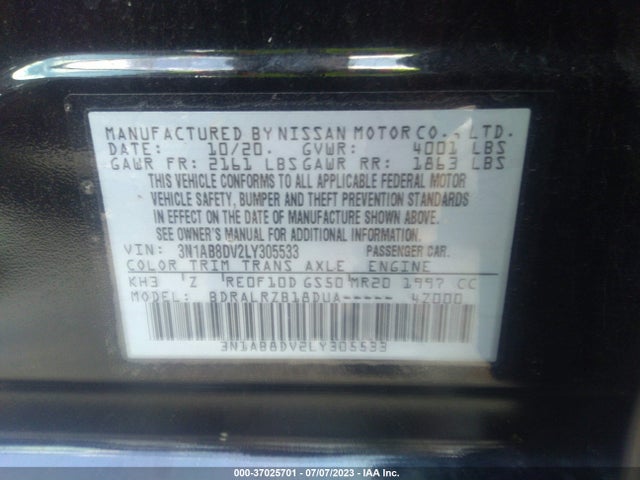 37025701 :رقم المزاد ، 3N1AB8DV2LY305533 vin ، 2020 Nissan Sentra Sr مزاد بيع