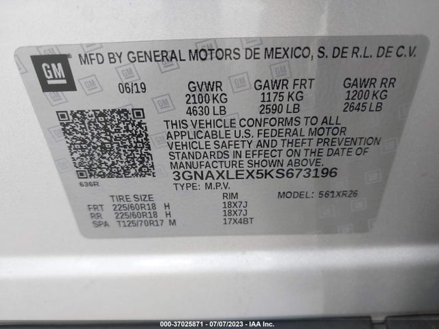 2019 CHEVROLET EQUINOX LT VIN: 3GNAXLEX5KS673196