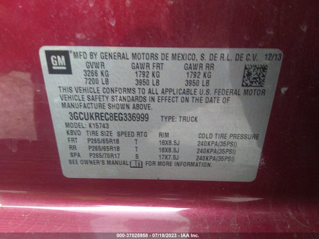 2014 CHEVROLET SILVERADO 1500 LT VIN: 3GCUKREC8EG336999