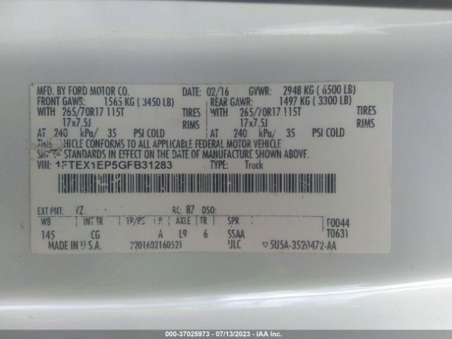 1FTEX1EP5GFB31283 Ford F-150 Xlt/xl/lariat