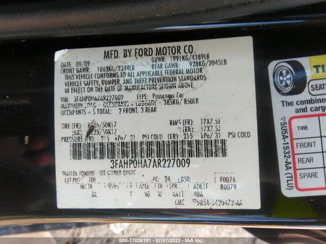 2010 FORD FUSION SE VIN: 3FAHP0HA7AR227009