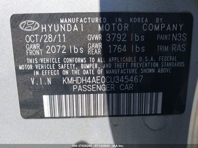 2012 HYUNDAI ELANTRA GLS PZEV VIN: KMHDH4AE0CU345467