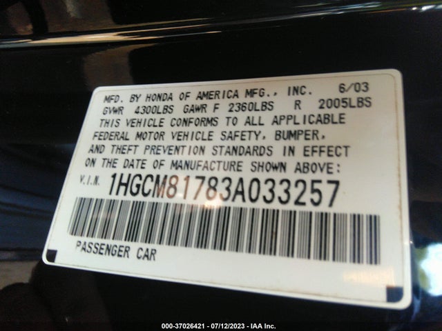 2003 HONDA ACCORD CPE EX VIN: 1HGCM81783A033257
