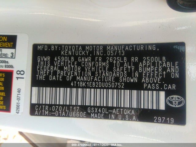 2013 TOYOTA AVALON XLE VIN: 4T1BK1EB2DU050752